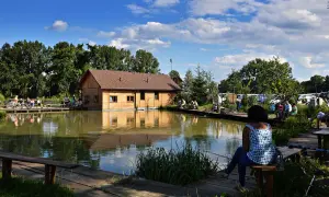 Ludzie łowią ryby na drewnianych pomostach przy drewnianym domku. To popularne łowiska komercyjne na Dolnym Śląsku.