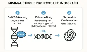Schematyczne przedstawienie procesu metylacji DNA: enzym DNMT wiąże się z DNA, dodaje grupę CH3 do cytozyny, co prowadzi do kondensacji chromatyny i wyciszenia genu.