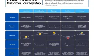 Ejemplos de customer journey map para seguros de salud: desde la concienciación hasta la lealtad, mostrando puntos de contacto, acciones, experiencia, problemas y soluciones.