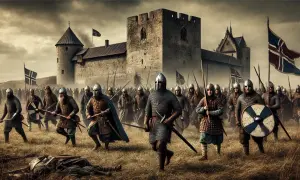 Arméer samlas framför en borg, redo för strid. En scen som påminner om **slaget vid Visby**.