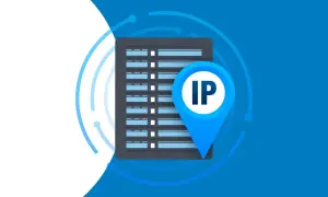 Ikona lokalizatora z literami "IP" na tle serwera. Dowiedz się, jak sprawdzić IP urządzeń w sieci lokalnej.