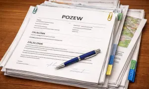Stos dokumentów z nagłówkiem "POZEW", niebieski długopis i żółty spinacz. Widać fragment mapy.