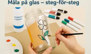 En hand målar en blomma på ett glas med en pensel. Material som isopropanol, färger och pennor ligger bredvid.