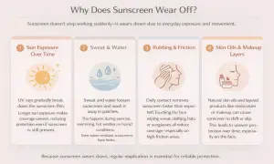 Explication des raisons pour lesquelles la durée de la crème solaire est limitée : exposition au soleil, transpiration, frottements et sébum/maquillage.