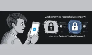 Przerażony użytkownik trzyma smartfon z ikoną Messengera. Obok widnieje symbol kłódki, sugerujący problem z bezpieczeństwem. Jak sprawdzić hasło do Messengera, gdy konto jest zagrożone?