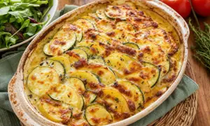 Un gratin de légumes doré et appétissant, avec des rondelles de courgettes et de pommes de terre gratinées au fromage.