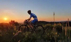 Ciclista in azione al tramonto sul Monte Grimano, tra erba alta e fiori gialli.