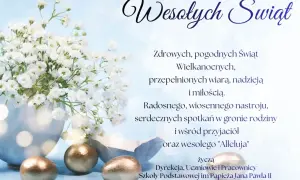 Wiersz dla kolegi: bukiet gipsówki, złote jajka i życzenia świąteczne.