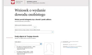 Formularz wniosku o dowód osobisty. Wybierz powód, urząd odbioru i dodaj zdjęcie.