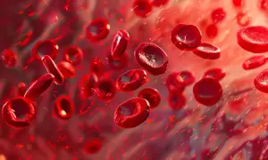 Czerwone krwinki i drobne, czerwone cząsteczki, być może sugerujące neutrofile za wysokie w ciąży.