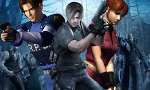 Leon i Claire walczą z hordą zombie w mrocznym lesie. To scena z Resident Evil Requiem PS4.