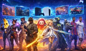 Postacie z gier, w tym żołnierz, wojowniczka i banan, stoją obok konsol PS4 i PS5, sugerując darmowe gry na PS4.