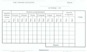 Formularz do rozliczania godzin pracy nauczyciela, uwzględniający plan lekcji i zastępstwa. Służy do obliczania godzin ponadwymiarowych.