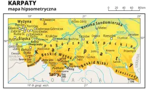 Mapa hipsometryczna Karpat w Polsce, ukazująca pasma górskie, rzeki i miasta. Widoczne Tatry, Beskidy, Bieszczady.