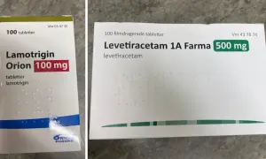 Två medicinförpackningar: Lamotrigin Orion 100 mg och Levetiracetam 1A Farma 500 mg. Lamotrigin kan ge positiva effekter vid behandling.
