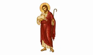 Jezus dobry pasterz, z owieczką na ramionach i laską pasterską, w czerwonej szacie i z nimbem.
