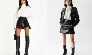 Zwei Models zeigen, wie man einen schwarzen Leder-Mininirock kombiniert: einmal mit weißem Strickpullover und Overkneestiefeln, einmal mit Lederjacke und Stiefeletten.
