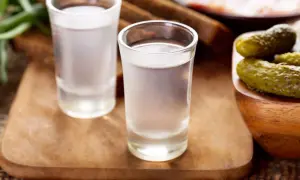 Dwa kieliszki wódki, ogórki kiszone i ciemne pieczywo na desce.
