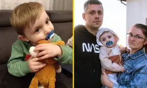 Dziecko z zabawką i rodzina z dzieckiem.