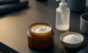 Krem z mocznikiem (urea co to) w słoiczku, obok miseczka z solą i dozownik.