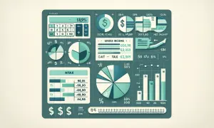 Grafik visar hur mycket betalar man i skatt. En kalkylator, cirkeldiagram och stapeldiagram illustrerar inkomster, utgifter och nettolön.