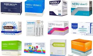 Zestaw produktów do inhalacji, w tym **tabletki na kaszel** i roztwory soli fizjologicznej, np. Nebu-Dose, Katarek, Ectodose.