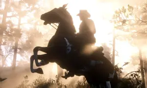 Jeździec na koniu wznoszącym się na tylne nogi, w lesie o wschodzie słońca. Niesamowita grafika z Red Dead Redemption 2 PS5 60fps.