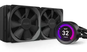 Nowoczesne chłodzenie cieczą NZXT z dwoma wentylatorami i okrągłym wyświetlaczem pokazującym temperaturę 32°C.