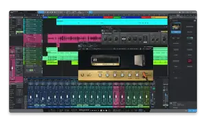 A digital audio workstation free interface displays audio tracks, a mixer, and virtual amp plugins, perfect for music production.