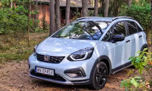 Jasnoszary Honda Jazz Crosstar zaparkowany w lesie, obok drewnianego domku.