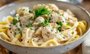 En krämig snabb kycklingpasta med färsk persilja och svartpeppar i en skål.