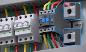 W panelu elektrycznym widać stycznik bezpieczeństwa LSP NXC-09, połączony z wyłącznikami i przewodami.