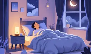 Una mujer duerme plácidamente en su cama, rodeada de una atmósfera tranquila, ideal para como tener un sueño reparador. La luna ilumina la habitación.