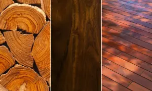 Teca, caoba e ipe, maderas de Guinea con texturas y tonos variados, ideales para exteriores.