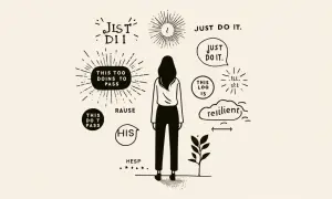 Une femme face à des pensées inspirantes : "Just do it", "This too doins to pass", "resilient". Un mantra positif travail pour avancer.
