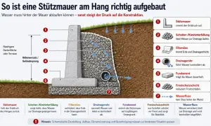 Querschnitt einer Stützmauer am Hang: Schotter, Filtervlies und Drainagerohr leiten Wasser ab, um Druck zu vermeiden. So lässt sich ein Hang richtig befestigen.
