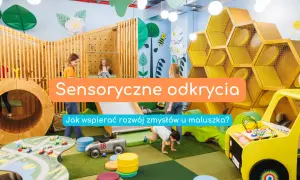 Kolorowy plac zabaw z elementami sensorycznymi, dziećmi i napisami.