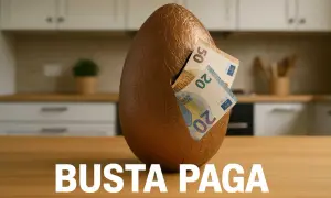 Uovo di Pasqua con banconote da 20 e 50 euro che spuntano, un simbolo di "pasqua in busta paga".