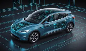 Blå elbil med genomskinlig kaross som visar interna komponenter och kretsar. En illustration som kan antyda ett renault zoe problem med dess komplexa system.