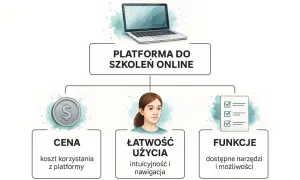 Diagram przedstawia platformę do szkoleń online, podkreślając cenę, łatwość użycia i funkcje. Idealne rozwiązanie dla e-szkolenia e-learning.