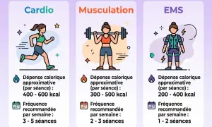 Illustration comparant cardio, musculation et EMS pour femmes. Le renforcement musculaire est une option pour brûler des calories.