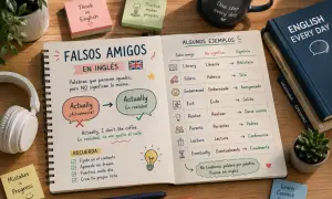 Un cuaderno abierto explica "falsos amigos" en inglés, con ejemplos y consejos para aprender.