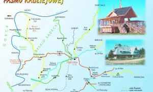 Mapa szlaków Beskidu Sądeckiego z zaznaczonymi szczytami, schroniskami i atrakcjami.