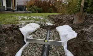 Drainage verlegen: Anleitung mit Bildern. Ein Drainagerohr liegt in Kiesbett, umgeben von Vlies. Wasserwaage prüft Neigung.