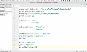 Code Python affichant la concaténation de chaînes de caractères, avec des exemples de chaînes sur plusieurs lignes et d'échappement.