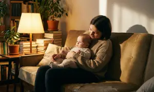 Kobieta tuli dziecko na kanapie w przytulnym pokoju z książkami i roślinami.