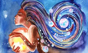Una mujer abraza un sol brillante, su cabello se transforma en una galaxia espiral, manifestando la energía femenina cósmica.