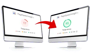 Wynik PageSpeed Insights z 17 na 95 po optymalizacji stron internetowych. Czerwona strzałka pokazuje poprawę.