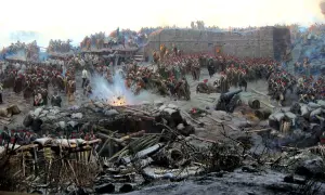 Soldater i strid vid en befästning under krimkriget 1853. Kanoner avfyras och rök stiger från striderna.