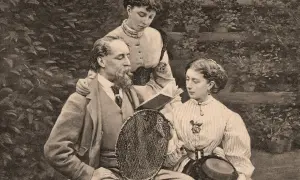 Charles Dickens z córkami w ogrodzie. Widać tu jego zamiłowanie do literatury i rodzinnych chwil, które inspirowały jego dzieła, w tym opowieści o dzieciach.